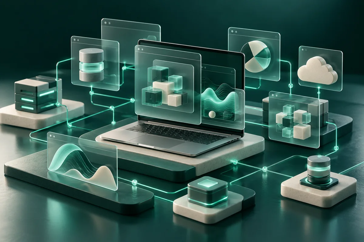 Konzeptillustration verbundener Softwaremodule und Datenquellen